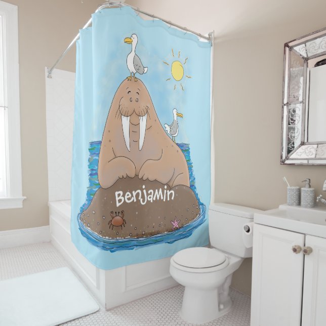Funny happy walrus cartoon illustration shower curtain (In Situ)