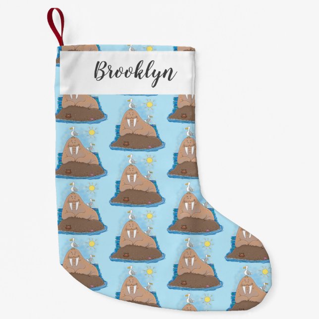 Funny happy walrus cartoon illustration small christmas stocking (Front)