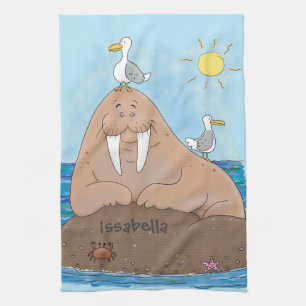 Funny happy walrus cartoon illustration tea towel