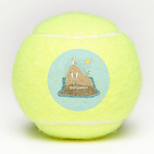 Funny happy walrus cartoon illustration tennis balls (Front)
