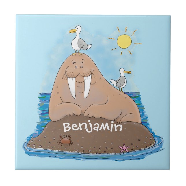 Funny happy walrus cartoon illustration tile (Front)