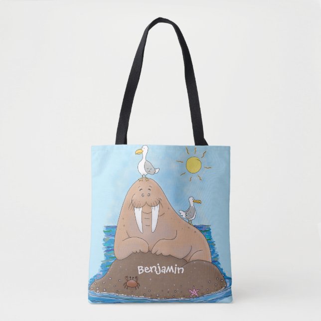 Funny happy walrus cartoon illustration tote bag (Front)