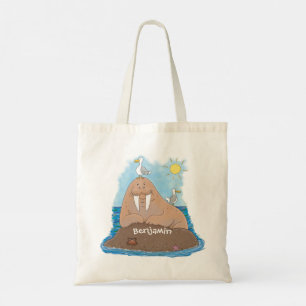 Funny happy walrus cartoon illustration tote bag