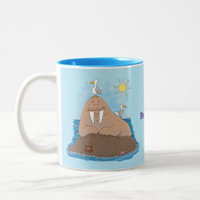 Funny happy walrus cartoon illustration Two-Tone coffee mug (Left)