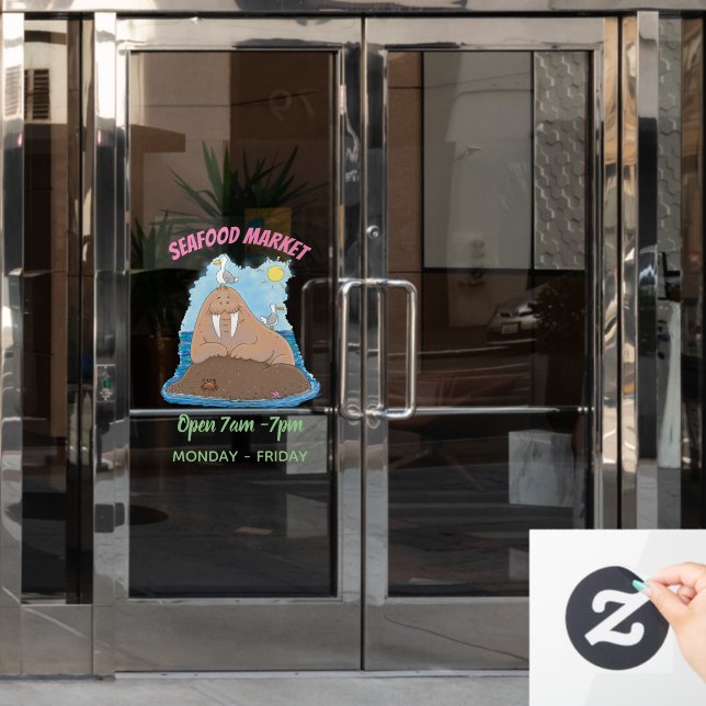 Funny happy walrus cartoon illustration  window cling (Office Door)