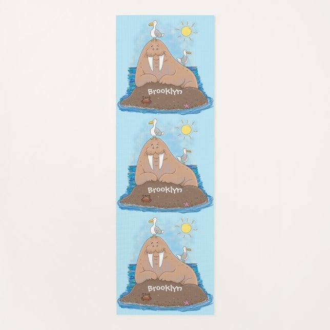 Funny happy walrus cartoon illustration yoga mat (Front)