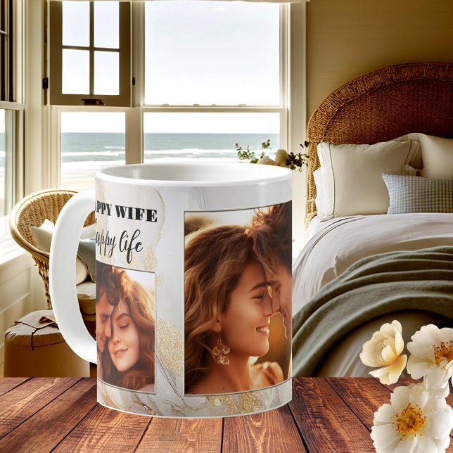 Funny Happy Wife Gold Artistic Wedding Mug (Funny wedding mug featuring your custom photos on a gold abstract glitter design - wife - newly wed)