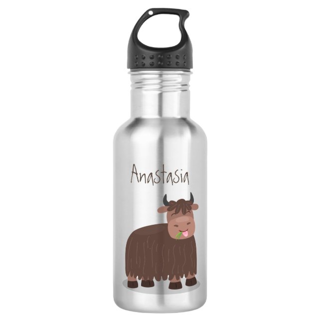 Funny happy yak eating grass cartoon illustration 532 ml water bottle (Front)