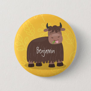 Funny happy yak eating grass cartoon illustration 6 cm round badge
