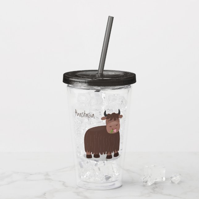 Funny happy yak eating grass cartoon illustration acrylic tumbler (Back Ice)