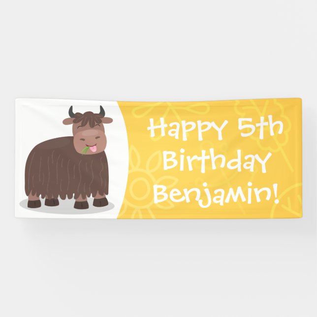 Funny happy yak eating grass cartoon illustration banner (Horizontal)