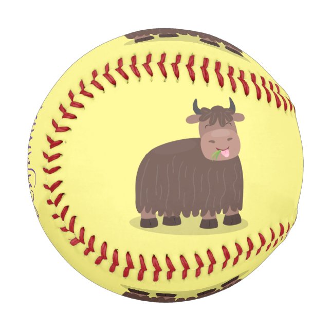 Funny happy yak eating grass cartoon illustration baseball (Front Left)