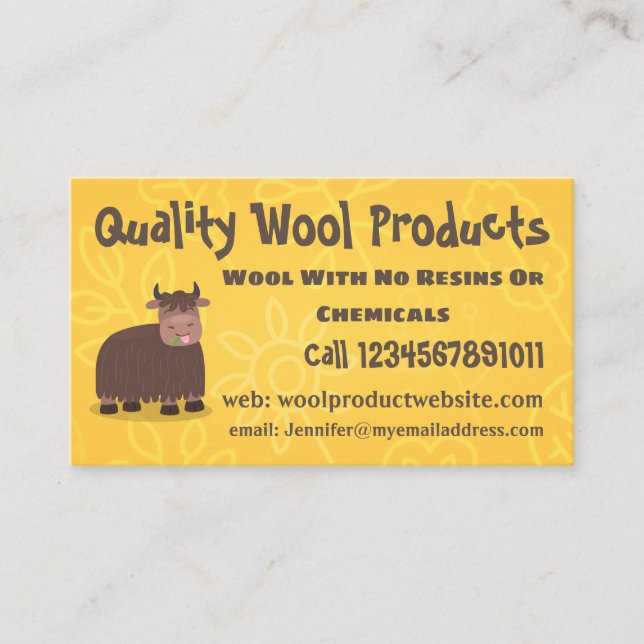 Funny happy yak eating grass cartoon illustration business card (Front)