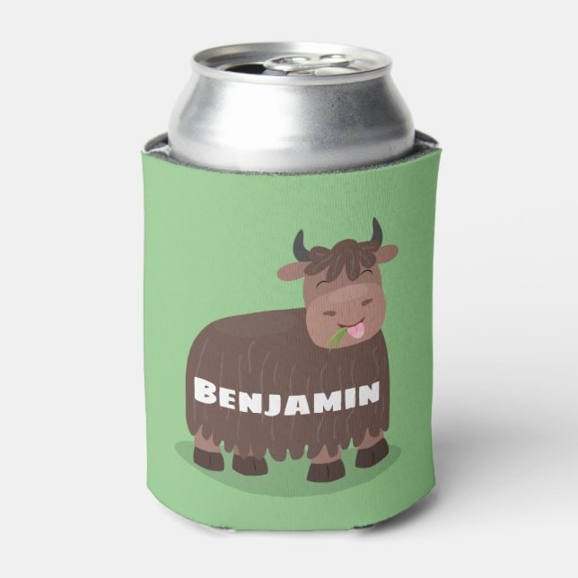 Funny happy yak eating grass cartoon illustration can cooler (Can Front)