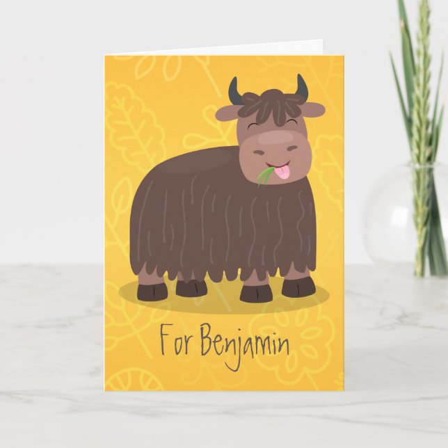 Funny happy yak eating grass cartoon illustration card (Front)