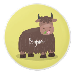 Funny happy yak eating grass cartoon illustration ceramic knob