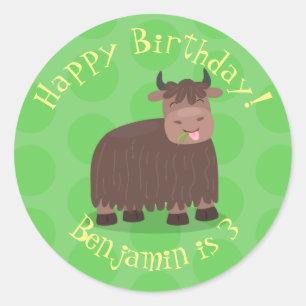Funny happy yak eating grass cartoon illustration classic round sticker