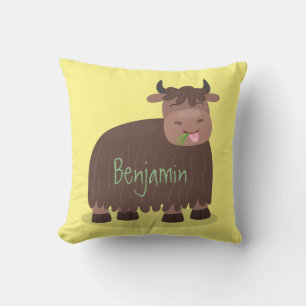 Funny happy yak eating grass cartoon illustration cushion