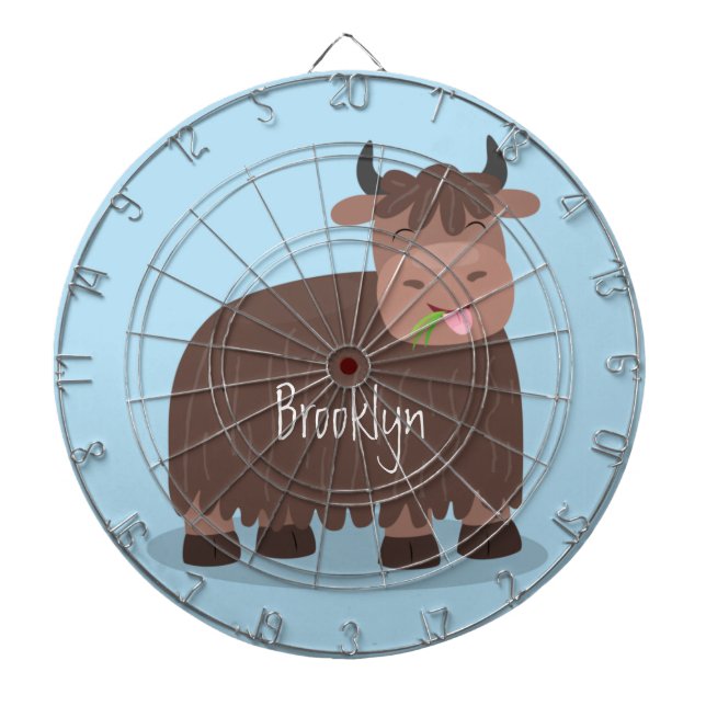 Funny happy yak eating grass cartoon illustration dartboard (Front)