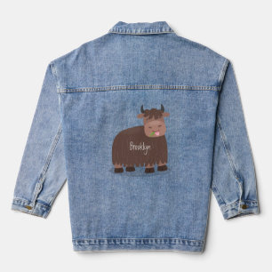 Funny happy yak eating grass cartoon illustration denim jacket