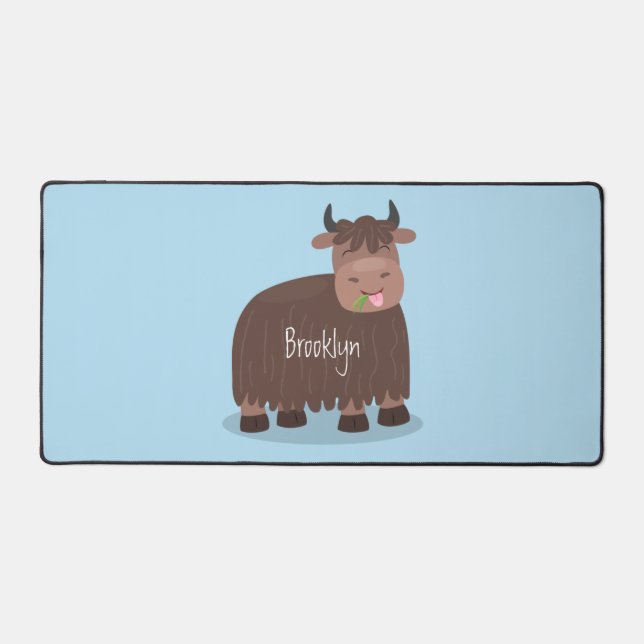 Funny happy yak eating grass cartoon illustration desk mat (Front)