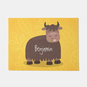 Funny happy yak eating grass cartoon illustration doormat