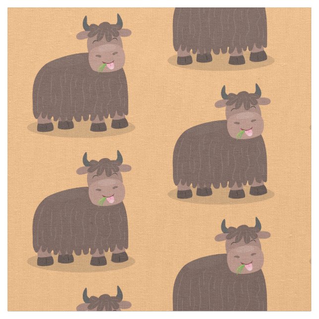 Funny happy yak eating grass cartoon illustration fabric (Close Up)