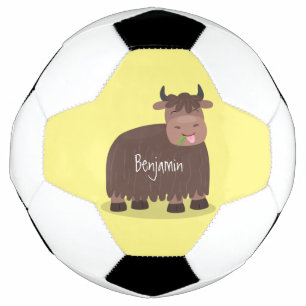 Funny happy yak eating grass cartoon illustration football