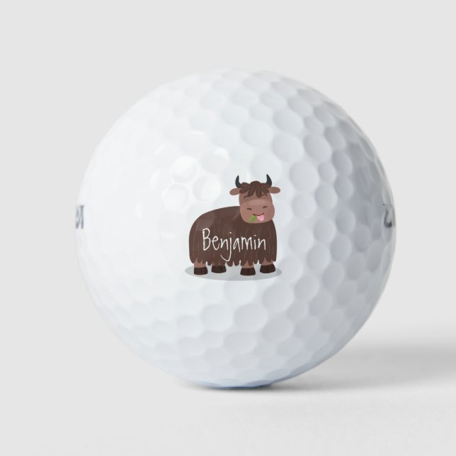 Funny happy yak eating grass cartoon illustration golf balls (Front)