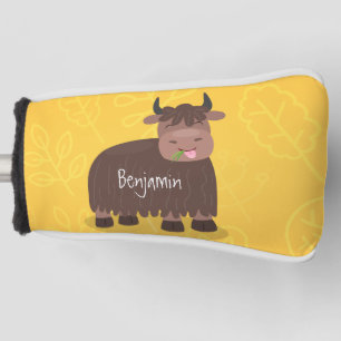 Funny happy yak eating grass cartoon illustration golf head cover