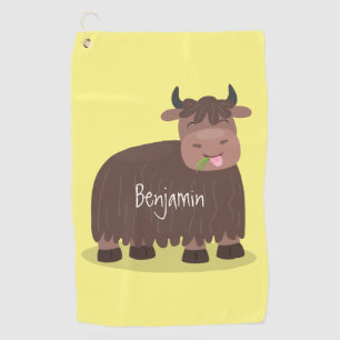 Funny happy yak eating grass cartoon illustration golf towel
