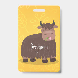 Funny happy yak eating grass cartoon illustration ID badge