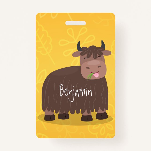 Funny happy yak eating grass cartoon illustration ID badge (Front)