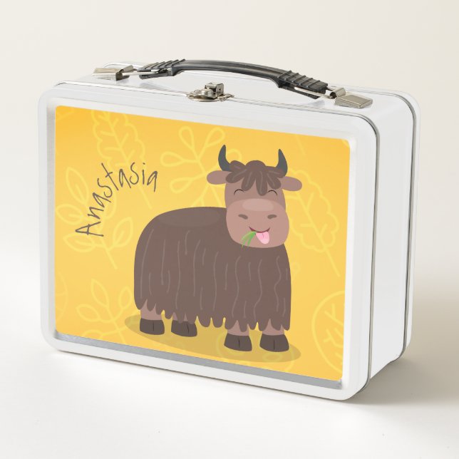 Funny happy yak eating grass cartoon illustration metal lunch box (Front)