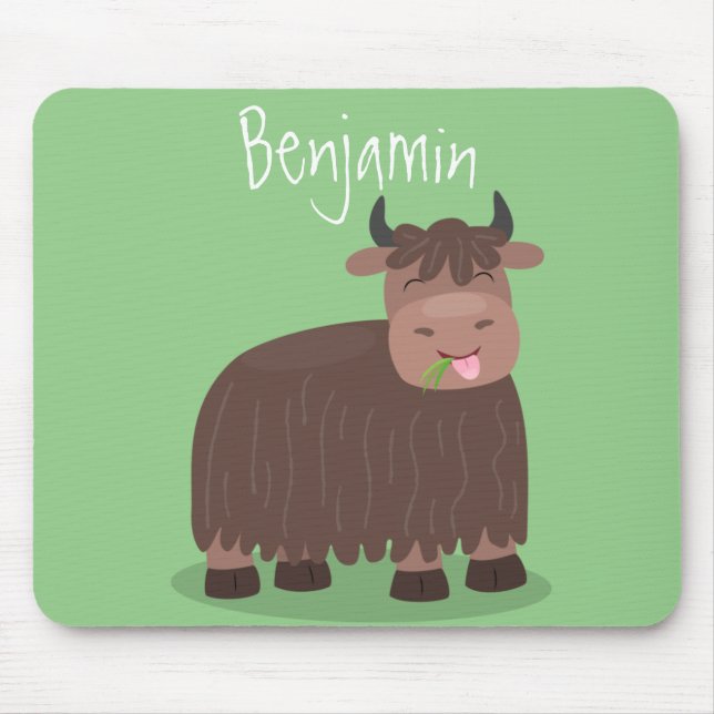 Funny happy yak eating grass cartoon illustration mouse mat (Front)