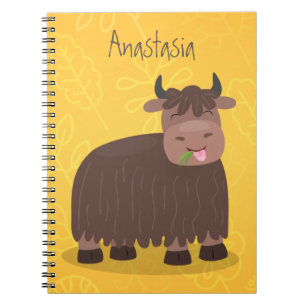 Funny happy yak eating grass cartoon illustration notebook
