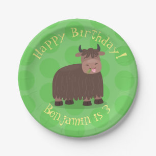 Funny happy yak eating grass cartoon illustration paper plate