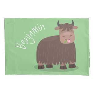 Funny happy yak eating grass cartoon illustration pillowcase