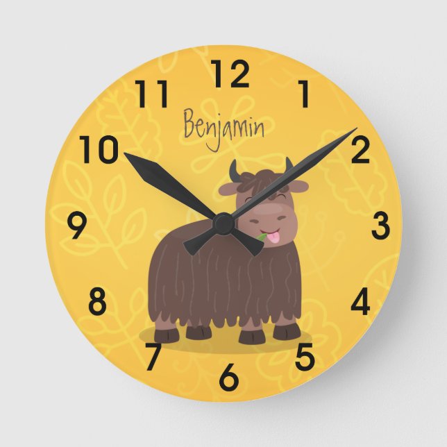 Funny happy yak eating grass cartoon illustration round clock (Front)