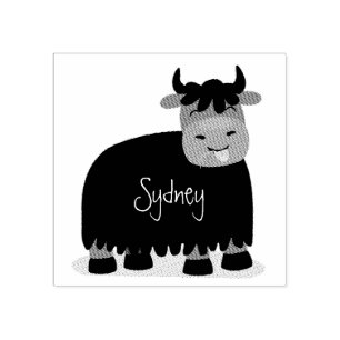 Funny happy yak eating grass cartoon illustration rubber stamp