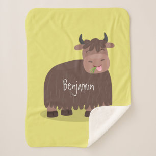 Funny happy yak eating grass cartoon illustration sherpa blanket