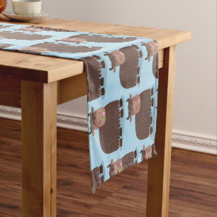 Funny happy yak eating grass cartoon illustration short table runner