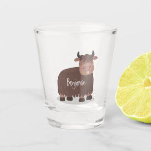 Funny happy yak eating grass cartoon illustration  shot glass