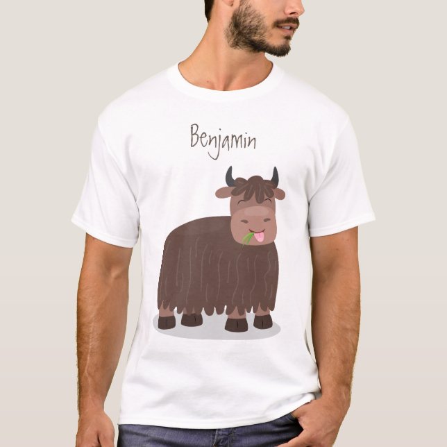 Funny happy yak eating grass cartoon illustration T-Shirt (Front)