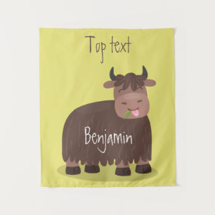 Funny happy yak eating grass cartoon illustration  tapestry