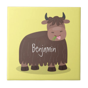 Funny happy yak eating grass cartoon illustration tile