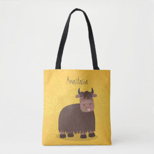 Funny happy yak eating grass cartoon illustration tote bag