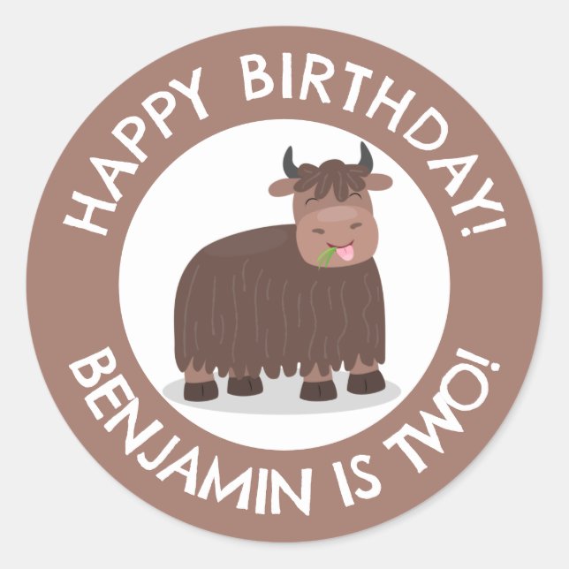 Funny happy yak personalised cartoon birthday classic round sticker (Front)