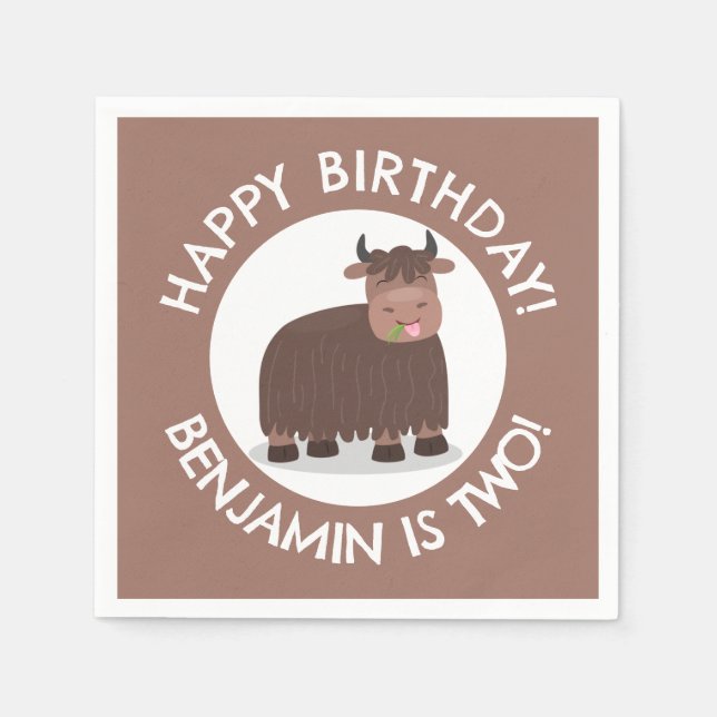 Funny happy yak personalised cartoon birthday napkin (Front)