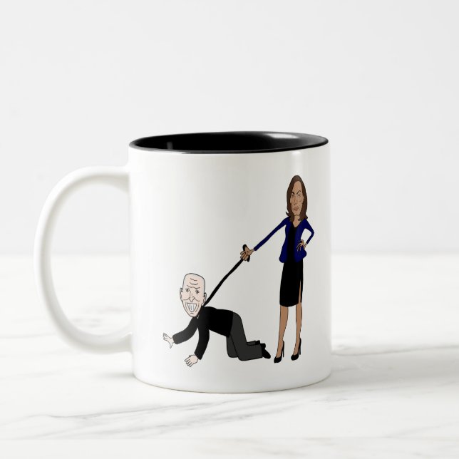 Funny Harris Walking Biden Cartoon Two-Tone Coffee Mug (Left)